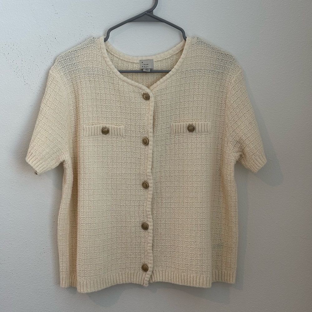 A New Day Short Sleeve Sweater Top with Gold Buttons